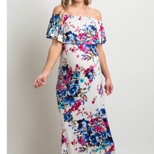 Ivory Floral Ruffle Off Shoulder Maternity Maxi